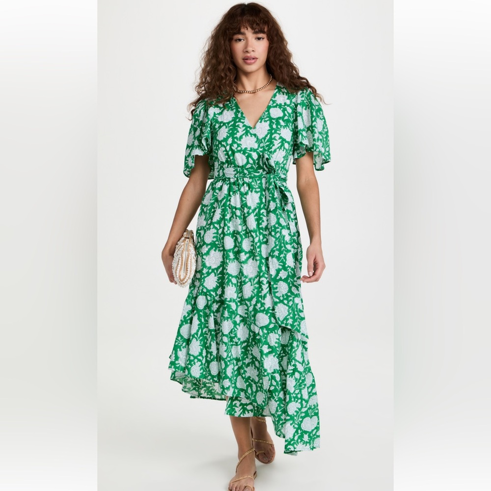 Mille Helena Wrap Dress in Green Zinnia with Flutter Sleeves